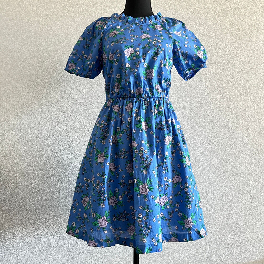 J Crew Factory Dress Size 00 Puff Sleeve Tie Back Mini Floral Blue Elastic Waist
